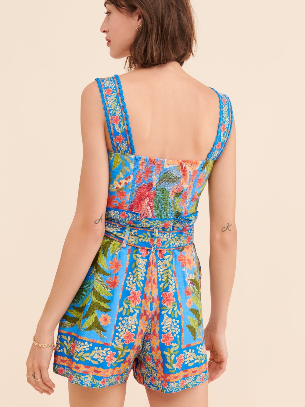 FARM Rio Blue Floral Sleeveless Romper with Tie Waist - Picture 5 of 6
